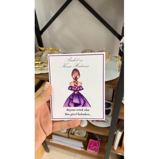Kına Hatırası Kartı 8x12 cm 63 Adet Mor Kıyafetli Gelin Söz, Kına, Nişan, Düğün