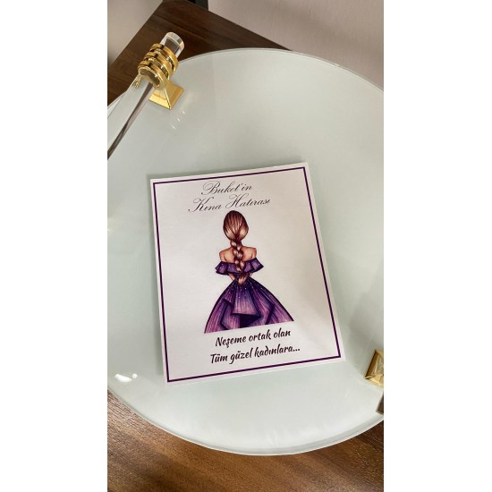 Kına Hatırası Kartı 8x12 cm 63 Adet Mor Kıyafetli Gelin Söz, Kına, Nişan, Düğün