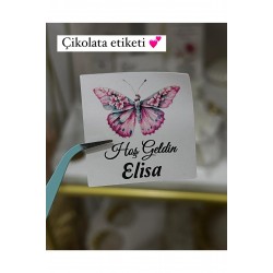 Yenidoğan Çikolata Etiketi Kelebekli 3,5x3,5 cm 70 Adet Kişiye Özel - ARLetikettasarım
