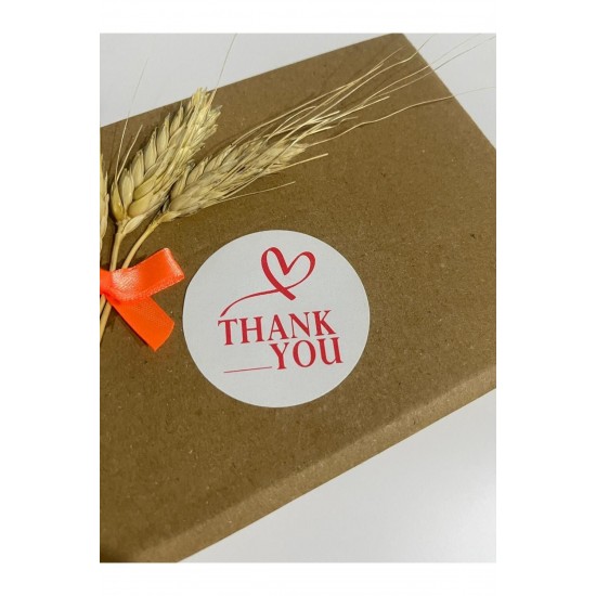 Thank You Üstü Kalpli Kırmızı Yazılı Yuvarlak Yapışkanlı Etiket 4x4 cm 120 adet